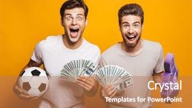  Presentation with best - Audience pleasing PPT theme consisting of happy young men best friends backdrop and a coral colored foreground