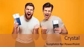  Presentation with full length portrait two men women brown sweater - Colorful slides enhanced with happy young men holding passport backdrop and a gold colored foreground