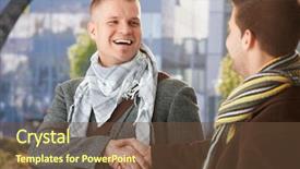  Presentation with hand shake telephone - PPT layouts featuring happy young men shaking hand background and a tawny brown colored foreground