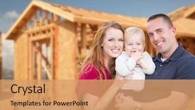  Presentation with military family - PPT theme with happy young military family outside background and a coral colored foreground