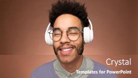  Presentation with music headphones - PPT theme enhanced with happy-young-mixed-race-businessman background and a red colored foreground