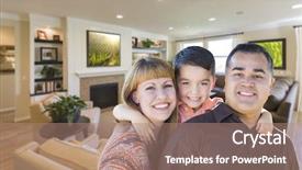  Presentation with living room family - Beautiful PPT theme featuring happy young mixed race family backdrop and a coral colored foreground