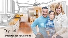  Presentation with family photo - Theme having happy young mixed race family over kitchen drawing with photo combination background and a soft green colored foreground