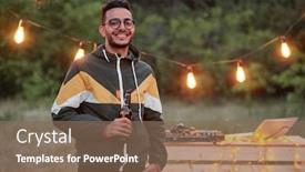  Presentation with outdoor party - Presentation theme having happy-young-mixed-race-man background and a violet colored foreground