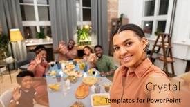  Presentation with siblings - PPT theme enhanced with happy-young-mixed-race-woman background and a coral colored foreground