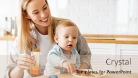  Presentation with happy baby - Beautiful PPT theme featuring happy-young-mother-feeding backdrop and a coral colored foreground
