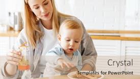  Presentation with cookies - Slide set with happy-young-mother-feeding background and a coral colored foreground