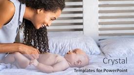  Presentation with african woman - Beautiful slide set featuring happy-young-mother-playing backdrop and a sky blue colored foreground