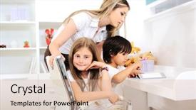  Presentation with young children - Audience pleasing PPT theme consisting of happy young mother with her kids at children room backdrop and a soft green colored foreground