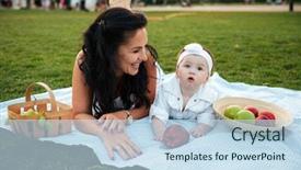  Presentation with picnic - Audience pleasing slide deck consisting of happy young mother and her little daughter lying and laughing on picnic backdrop and a sky blue colored foreground