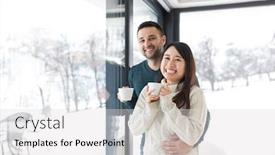  Presentation with cold coffee - PPT layouts enhanced with happy young multiethnic couple enjoying morning coffee by the window on cold winter day at home background and a light gray colored foreground