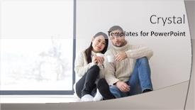  Presentation with cold coffee - Slide deck with happy young multiethnic couple enjoying morning coffee by the window on cold winter day at home background and a light gray colored foreground