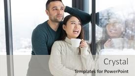  Presentation with cold coffee - PPT theme having happy young multiethnic couple enjoying morning coffee by the window on cold winter day at home background and a light gray colored foreground