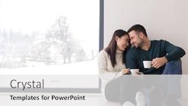  Presentation with cold coffee - Amazing presentation theme having happy young multiethnic couple enjoying morning coffee by the window on cold winter day at home backdrop and a white colored foreground