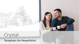  Presentation with cold coffee - Slide deck consisting of happy young multiethnic couple enjoying morning coffee by the window on cold winter day at home background and a white colored foreground