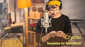  Presentation with headphones - Audience pleasing presentation consisting of happy-young-musician-in-headphones backdrop and a tawny brown colored foreground