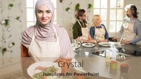  Presentation with hijab - Audience pleasing presentation theme consisting of happy-young-muslim-female backdrop and a coral colored foreground