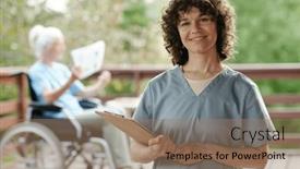  Presentation with happy retirement - Slides enhanced with happy-young-nurse-or-caregiver and a coral colored foreground