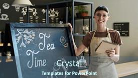  Presentation with coffee shop - Presentation design featuring happy-young-owner-of-cozy background and a ocean colored foreground