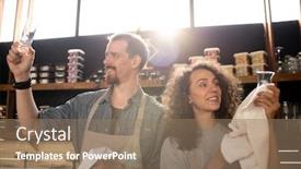  Presentation with cleaning day - Presentation theme consisting of happy-young-owners-of-cafe background and a coral colored foreground