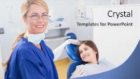  Presentation with dental pediatric - Cool new PPT theme with happy young patient in dental backdrop and a light gray colored foreground