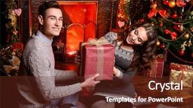  Presentation with give - Presentation theme enhanced with happy young people give each other gifts by the fireplace near the christmas tree merry christmas background and a tawny brown colored foreground