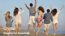  Presentation with fun - Slides having happy young people group have fun run and jump on beach beautiful sand beach background and a coral colored foreground
