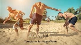  Presentation with sand play - Cool new slides with happy young people in active dynamic action with ball funny play in football on the beach under sun light in summer time and in sunny day soccer on the sand backdrop and a coral colored foreground
