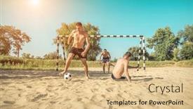  Presentation with sand play - PPT theme featuring happy young people in active dynamic action with ball funny play in football on the beach under sun light in summer time and in sunny day soccer on the sand background and a lemonade colored foreground