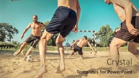  Presentation with sand play - Presentation enhanced with happy young people in active dynamic action with ball funny play in football on the beach under sun light in summer time and in sunny day soccer on the sand background and a coral colored foreground