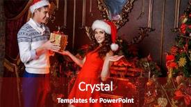  Presentation with give - PPT theme enhanced with happy young people in love give each other gifts by the fireplace near the christmas tree merry christmas background and a tawny brown colored foreground