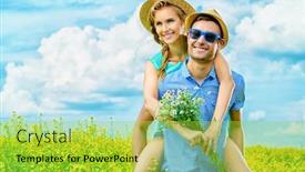  Presentation with happy holidays - Colorful presentation theme enhanced with happy young people in love on a meadow on a sunny summer day summer holidays love concept backdrop and a yellow colored foreground