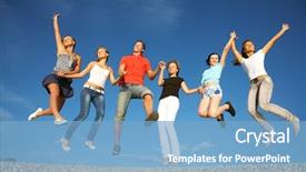  Presentation with group - PPT theme featuring happy young people jumping background and a  colored foreground