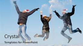  Presentation with pepl jumping up in the air - Audience pleasing theme consisting of happy young people jumping with snow splashes in winter air backdrop and a light blue colored foreground