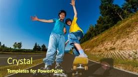  Presentation with people - Beautiful PPT theme featuring happy-young-people-rollerblading-skateboarding backdrop and a tawny brown colored foreground