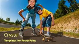  Presentation with people - Colorful slide deck enhanced with happy-young-people-rollerblading-skateboarding backdrop and a tawny brown colored foreground