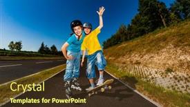  Presentation with people - Theme having happy-young-people-rollerblading-skateboarding background and a tawny brown colored foreground