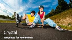  Presentation with people - Presentation design enhanced with happy-young-people-rollerblading-skateboarding background and a tawny brown colored foreground