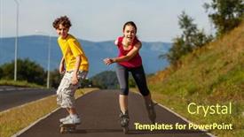  Presentation with people - Amazing presentation theme having happy-young-people-rollerblading-skateboarding backdrop and a tawny brown colored foreground