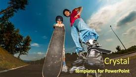  Presentation with people - Presentation consisting of happy-young-people-rollerblading-skateboarding background and a tawny brown colored foreground