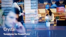  Presentation with cafeteria - PPT layouts featuring happy young people sitting in cafeteria photographed from outside through window background and a ocean colored foreground