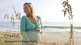  Presentation with alone - Colorful PPT theme enhanced with happy young pregnant woman standing outdoors alone at beach backdrop and a coral colored foreground
