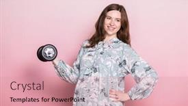  Presentation with pregnant woman - Cool new slide set with happy young pregnant woman wearing blue dress doing exercise lifting dumbbell studio shot on pink background fitness and healthy lifestyle during pregnancy concept backdrop and a coral colored foreground