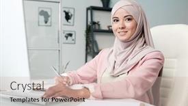  Presentation with front office - Presentation consisting of happy-young-pretty-muslim-woman background and a soft green colored foreground