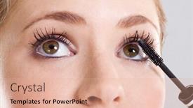  Presentation with eyelashes - Theme having happy young pretty woman applying mascara on her eyelashes background and a coral colored foreground