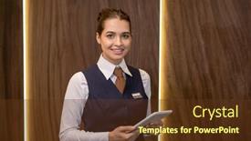  Presentation with receptionist - Slides enhanced with happy-young-receptionist-of-modern background and a tawny brown colored foreground