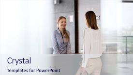  Presentation with receptionist - Amazing slides having happy young receptionist talking with businesswoman in office backdrop and a sky blue colored foreground