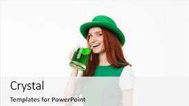  Presentation with happy young student girl holding - PPT theme with celebrating st patricks's day background and a white colored foreground