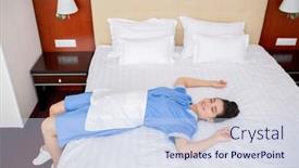  Presentation with clean - Cool new PPT layouts with happy young relaxed chamber maid in uniform lying on white clean bed while taking break on working day backdrop and a sky blue colored foreground