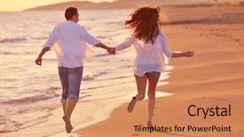  Presentation with romantic beach - Cool new theme with happy young romantic couple in love have fun on beautiful beach at beautiful summer day backdrop and a coral colored foreground